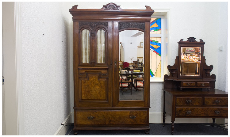 Appraisal: Victorian Walnut Veneered Two Piece Bedroom Set Comprising Large Wardrobe