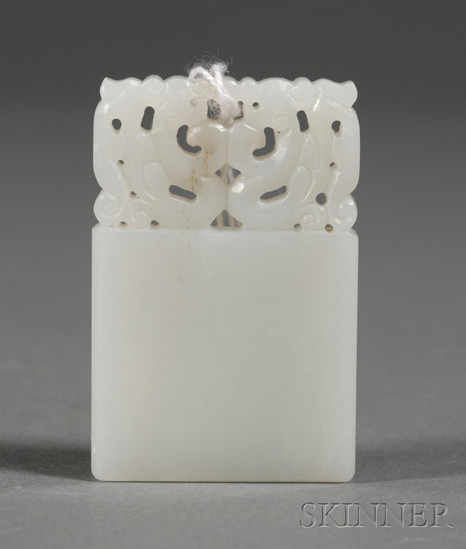 Appraisal: Rectangular Jade Pendant pale greenish-white stone top surmounted by two