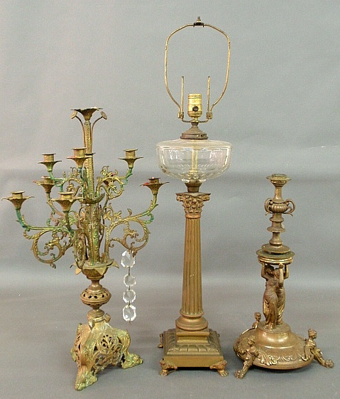 Appraisal: - Bronze candelabra bronze oil lamp converted to electricity and