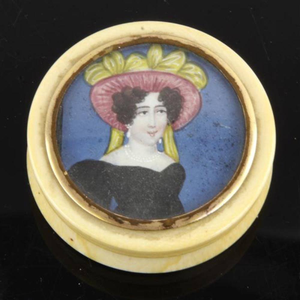 Appraisal: CONTINENTAL MINIATURE HAND PAINTED PORTRAIT OF WOMAN IN HAT ON