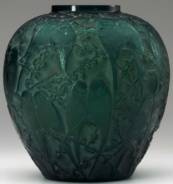 Appraisal: RENE LALIQUE Perruches vase of emerald glass with whitish patina