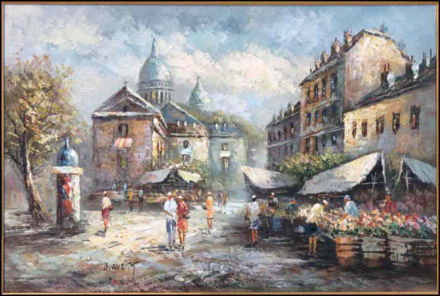 Appraisal: BURNETT TH CENTURY THE MARKET Oil on canvas signed LL