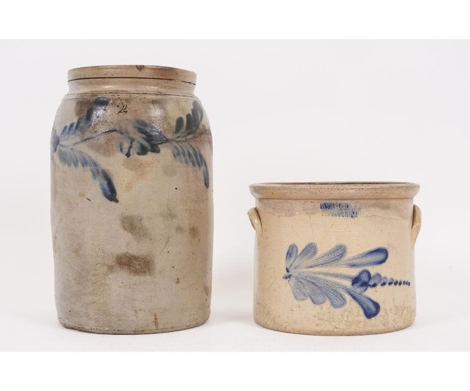 Appraisal: Two-gallon stoneware crock with blue decoration together with another crock