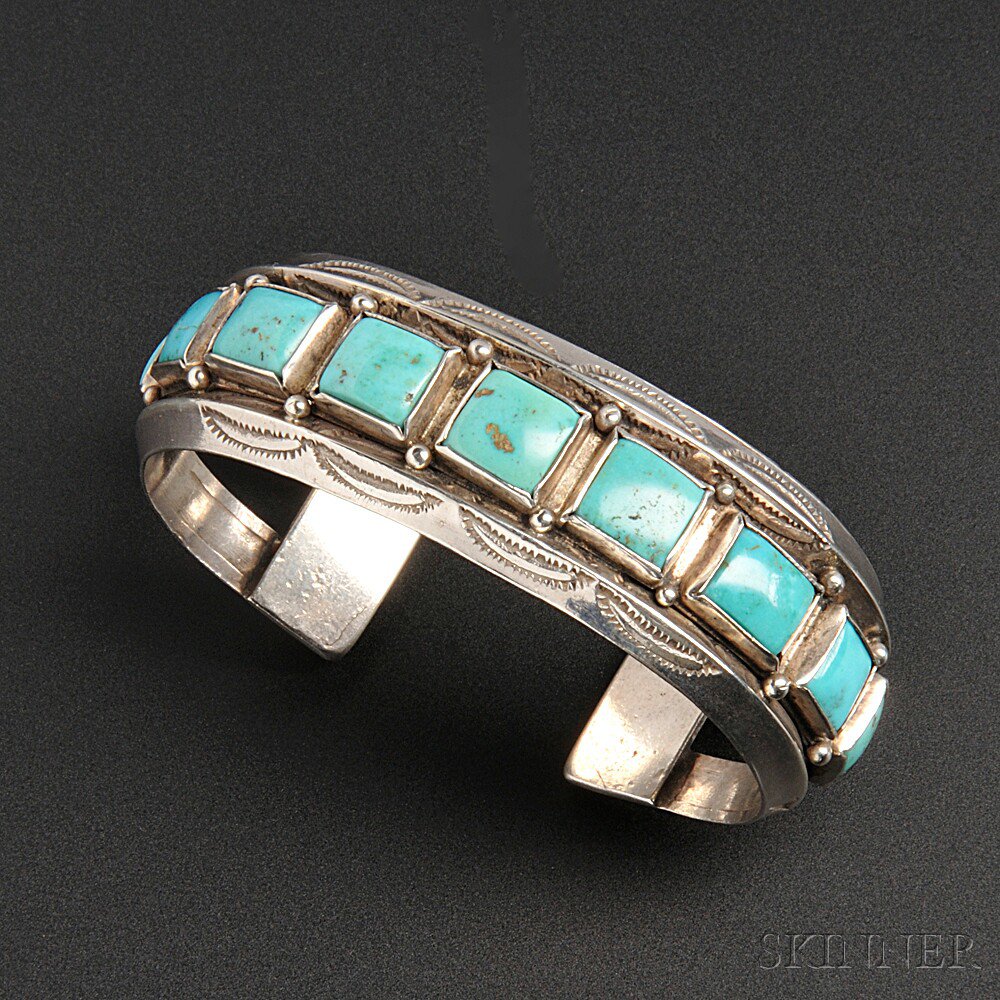 Appraisal: Navajo Silver and Turquoise Bracelet with nine square settings and