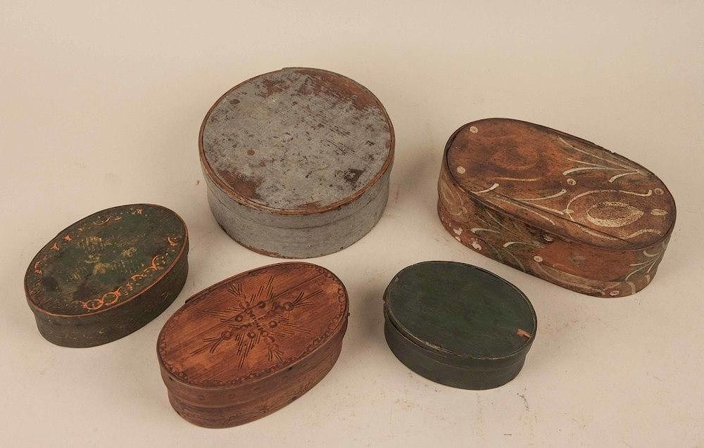 Appraisal: Five Antique Painted Boxes Lot of five antique painted covered