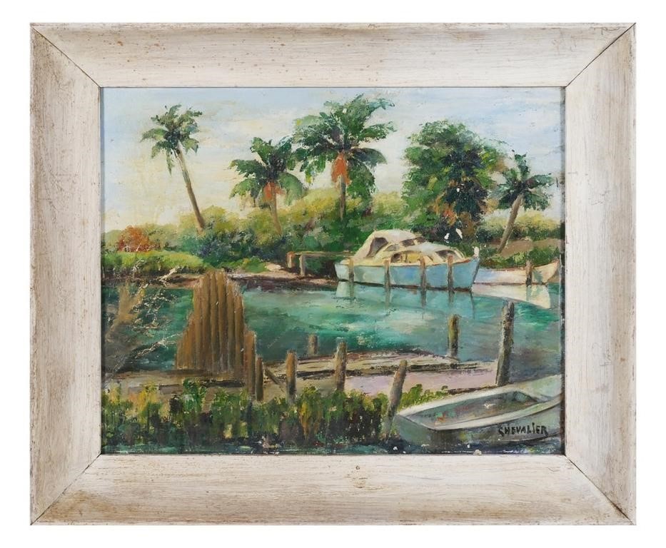 Appraisal: Framed oil on board painting of a canal with boat