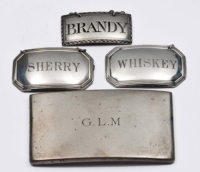 Appraisal: Three silver decanter labelsWhisky Sherry and Brandy together with a