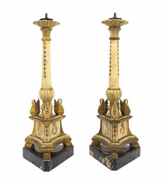 Appraisal: A Pair of Neoclassical Painted and Parcel Giltwood Pricket Sticks