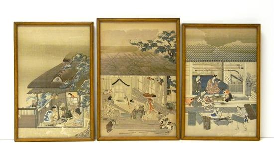 Appraisal: Three Japanese color woodblock prints Edo period each depicting buildings