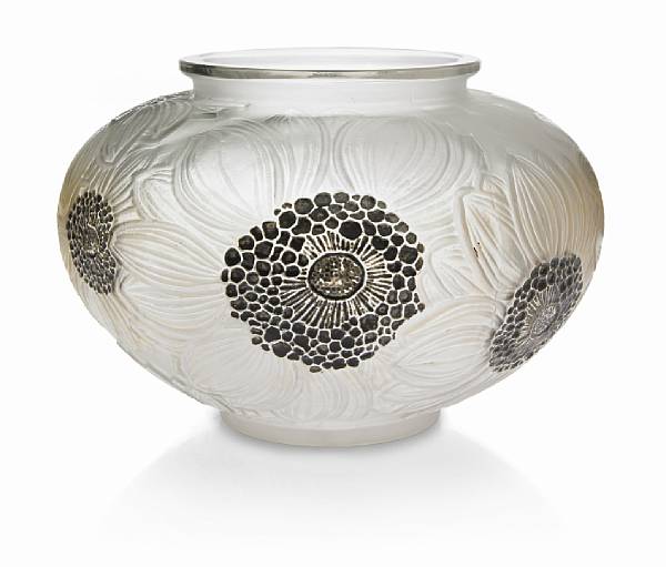 Appraisal: A Ren Lalique frosted and enameled glass vase Dahlias Marcilhac