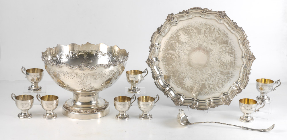 Appraisal: MONUMENTAL HAND CHASED SILVERPLATE PUNCHBOWL AND CUPS Birmingham Silver Company