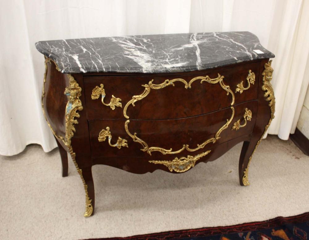 Appraisal: LOUIS XV STYLE MARBLE-TOP BOMBE COMMODE a -drawer type of