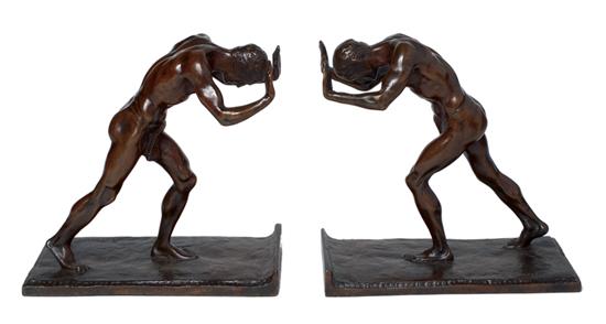 Appraisal: ISIDORE KONTI American - Pushing Men bronze with brown patina