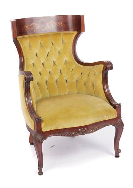 Appraisal: A Victorian tufted chair with inlaid marquetry height in width