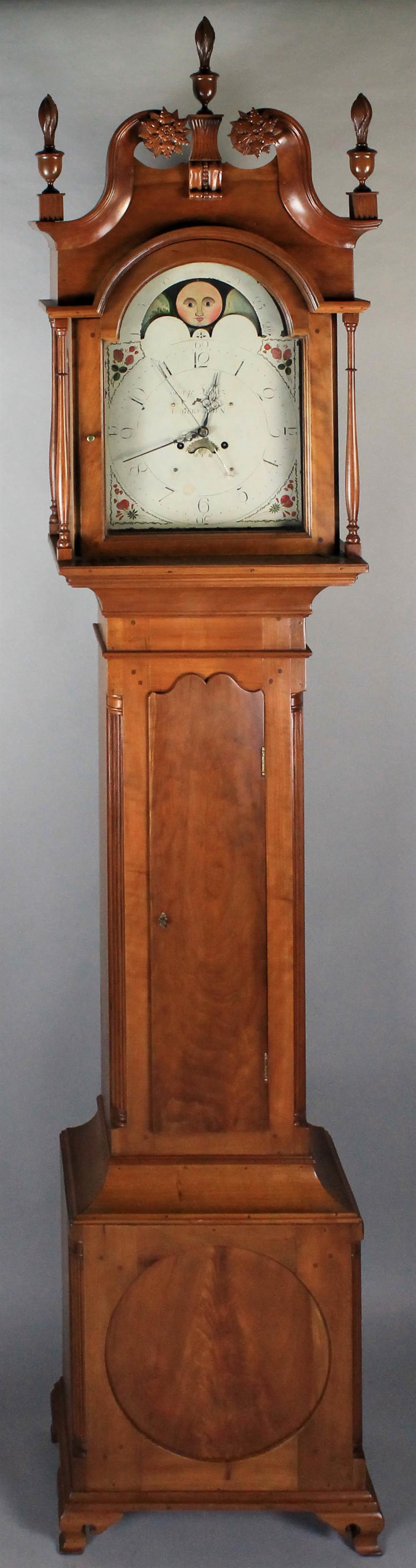 Appraisal: CHIPPENDALE CARVED CHERRYWOOD AND FIGURAL MAHOGANY TALL CASE CLOCK GEORGE