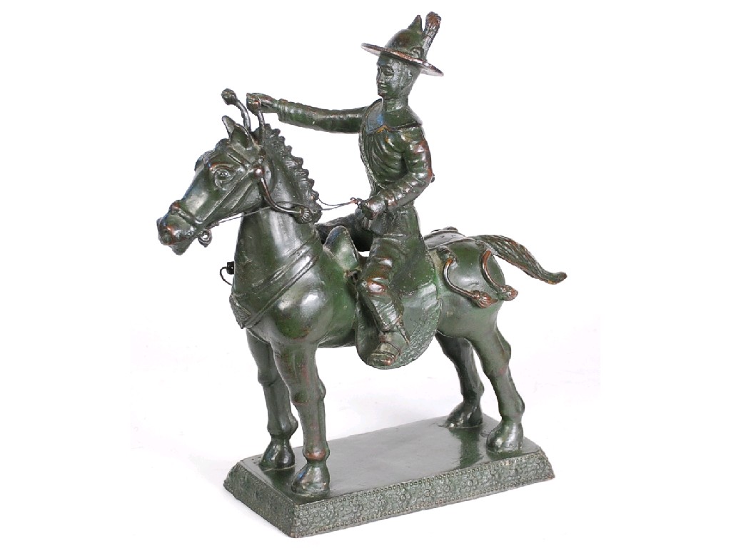 Appraisal: ORIENTAL BRONZE GROUP OF AN EQUESTRIAN FIGURE dark green patination