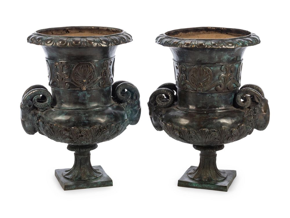 Appraisal: A Pair of Neoclassical Style Patinated Metal Urns A Pair