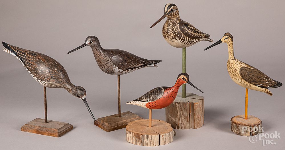 Appraisal: Five carved and painted shorebird decoys Five carved and painted