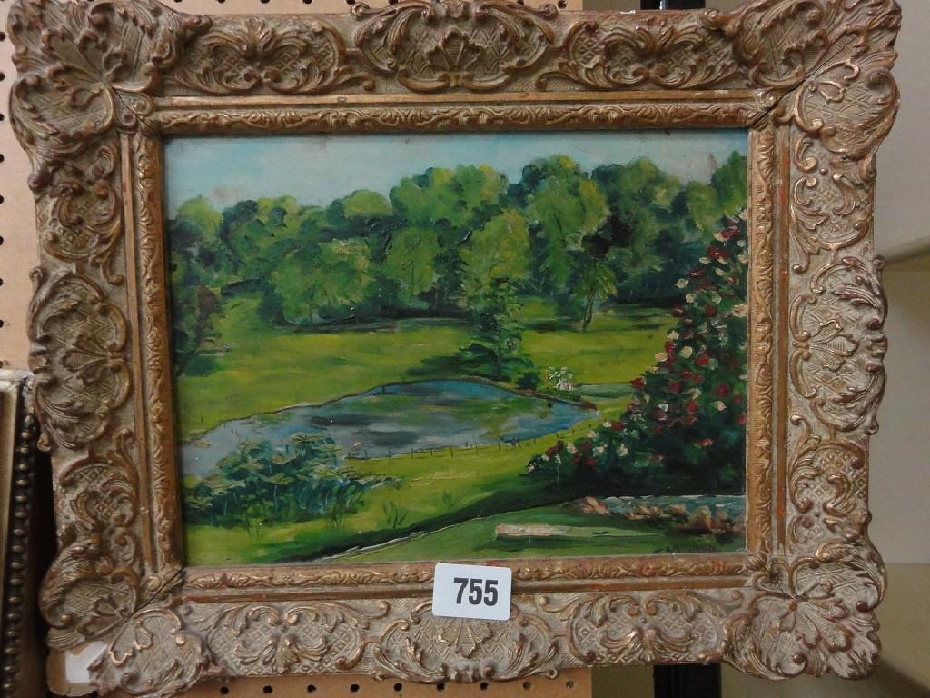 Appraisal: An oil painting on board of a garden scene with