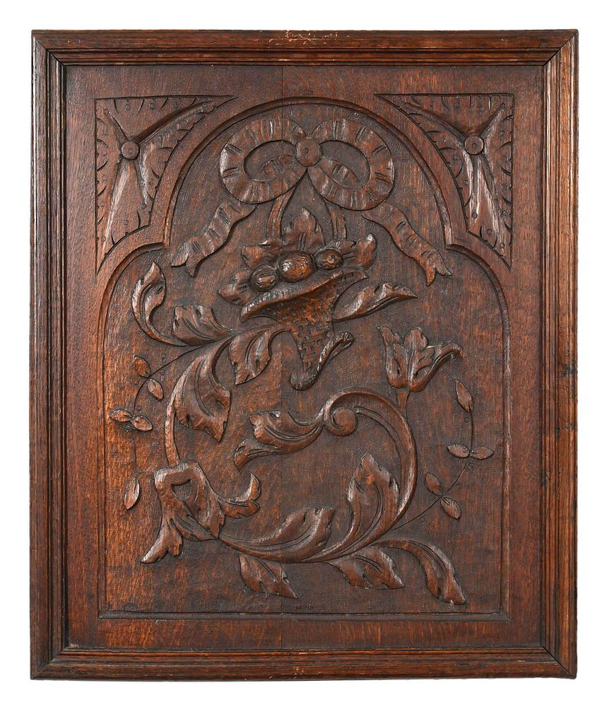 Appraisal: British Carved Oak Panel th century rectangular form carved ribbon