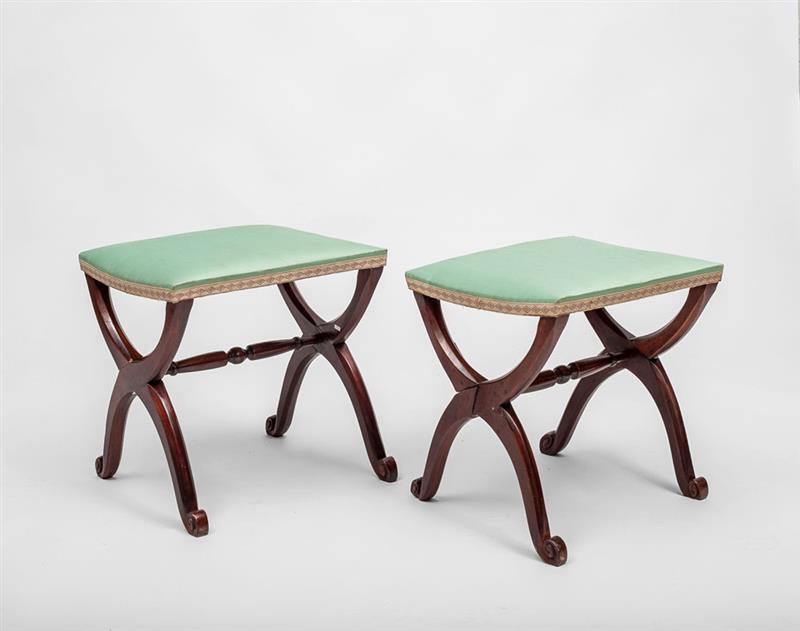 Appraisal: Pair of X-Form Mahogany Stools With upholstered seats x x