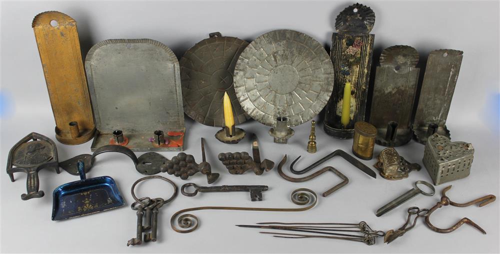 Appraisal: GROUP OF TIN BRASS IRON AND METAL KITCHEN IMPLEMENTS LIGHTING