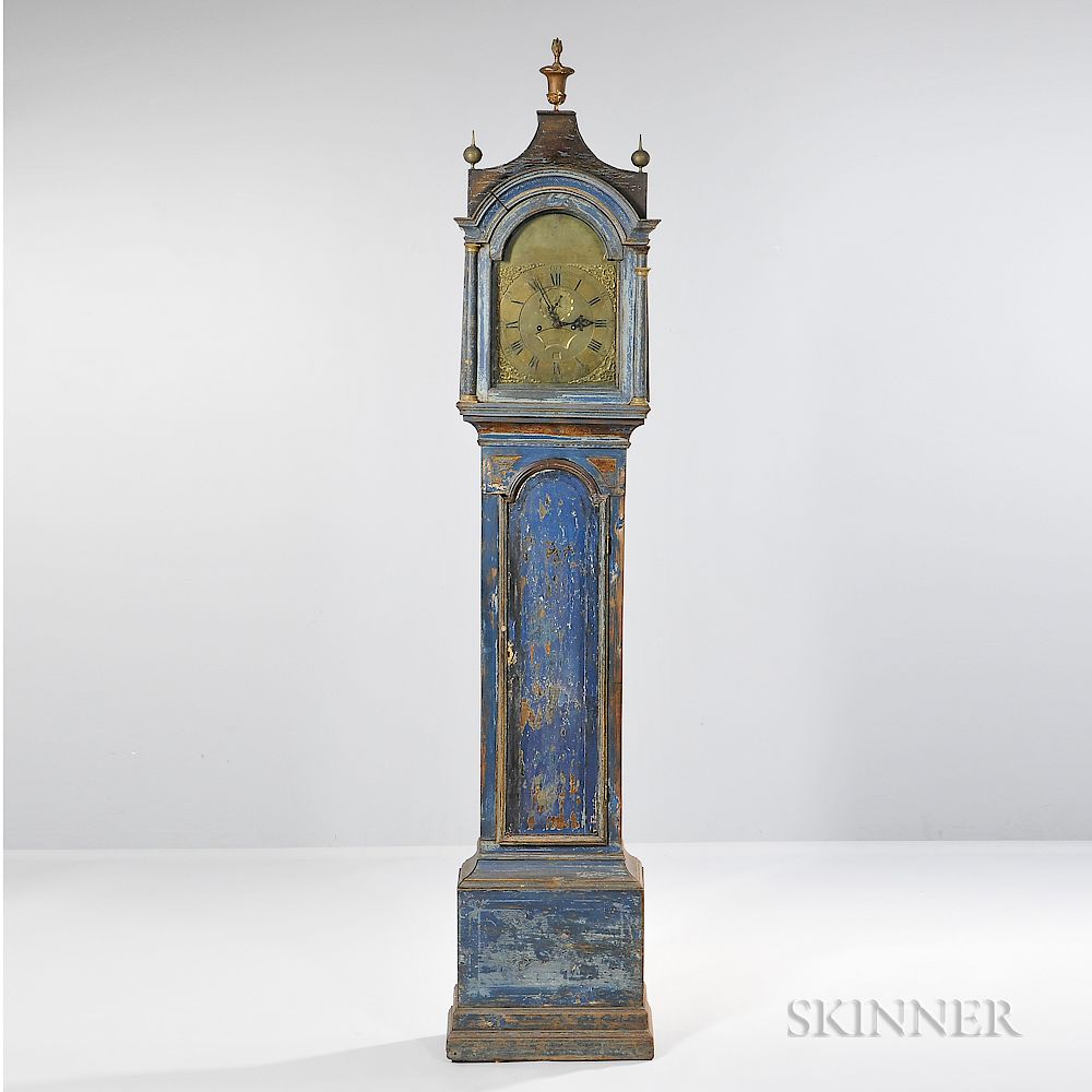 Appraisal: Blue-painted and Gilt-paper Applique-decorated Tall Clock Blue-painted and Gilt-paper Applique-decorated