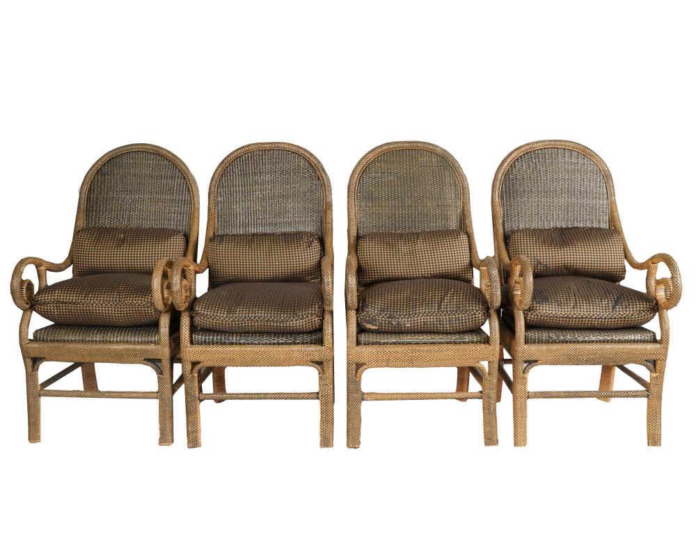 Appraisal: FOUR WICKER ARMCHAIRSunsigned with loose checkered fabric cushions Provenance The