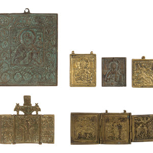 Appraisal: Six Russian Cast Bronze Miniature Icon Panels comprising two triptychs