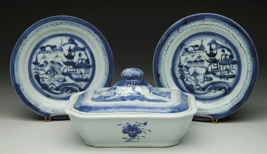 Appraisal: COVERED RECTANGULAR BLUE AND WHITE CANTON SERVING DISH AND TWO