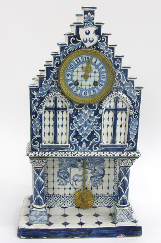 Appraisal: FAIENCE MANTEL CLOCK French th century with blue underglaze architectural