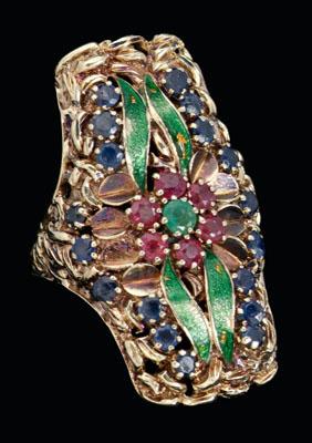 Appraisal: Ruby sapphire enamel ring openwork rectangular floral design accented with