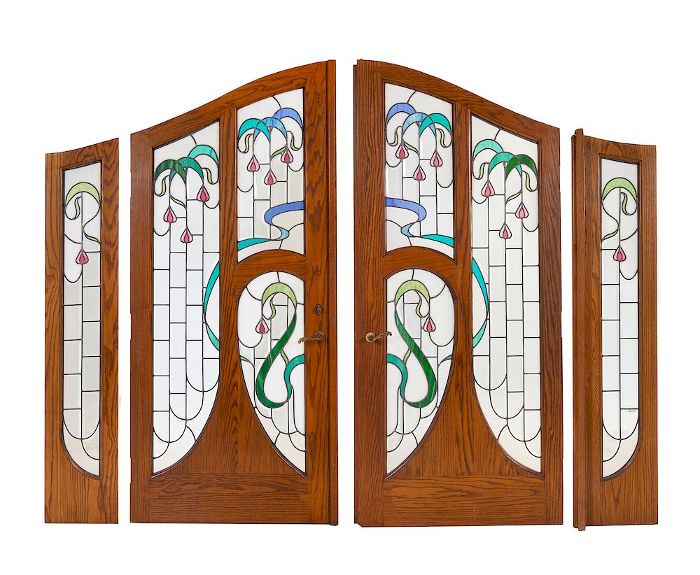 Appraisal: An American Oak and Leaded Glass Door Surround Height of