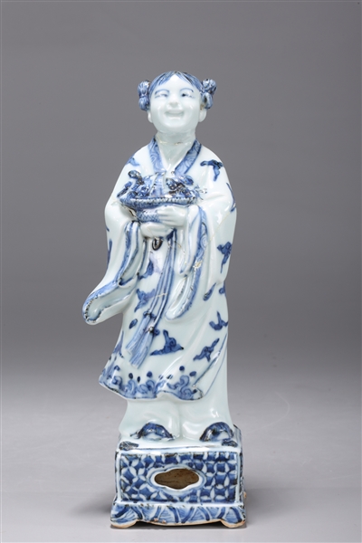 Appraisal: Chinese blue and white porcelain standing figure holding bouquet atop