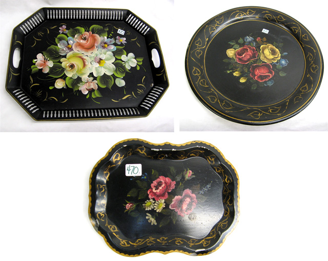 Appraisal: THREE HAND PAINTED TIN TRAYS having various floral decorations on