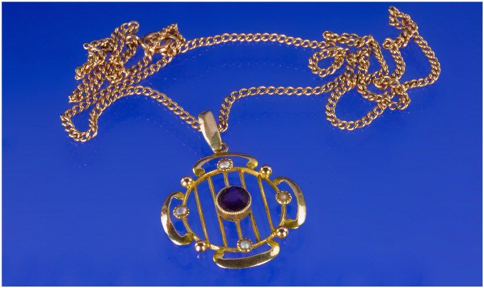 Appraisal: ct Gold Pendant And Chain Edwardian Circular Pendant Set With