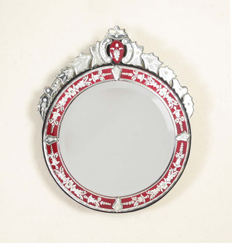 Appraisal: ROUND VENETIAN GLASS MIRROR th century stylized garland crest round