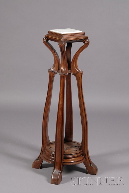 Appraisal: French Art Nouveau Carved Walnut and Marble-top Pedestal c with