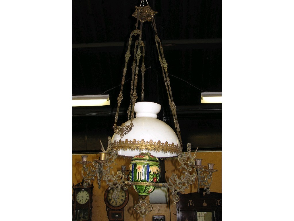 Appraisal: Wrought iron and majolica rise and fall ceiling light weight