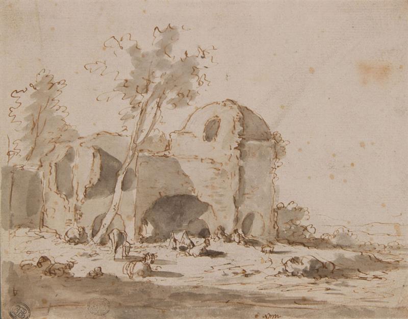 Appraisal: European School Ruins Ink and wash on paper unsigned and