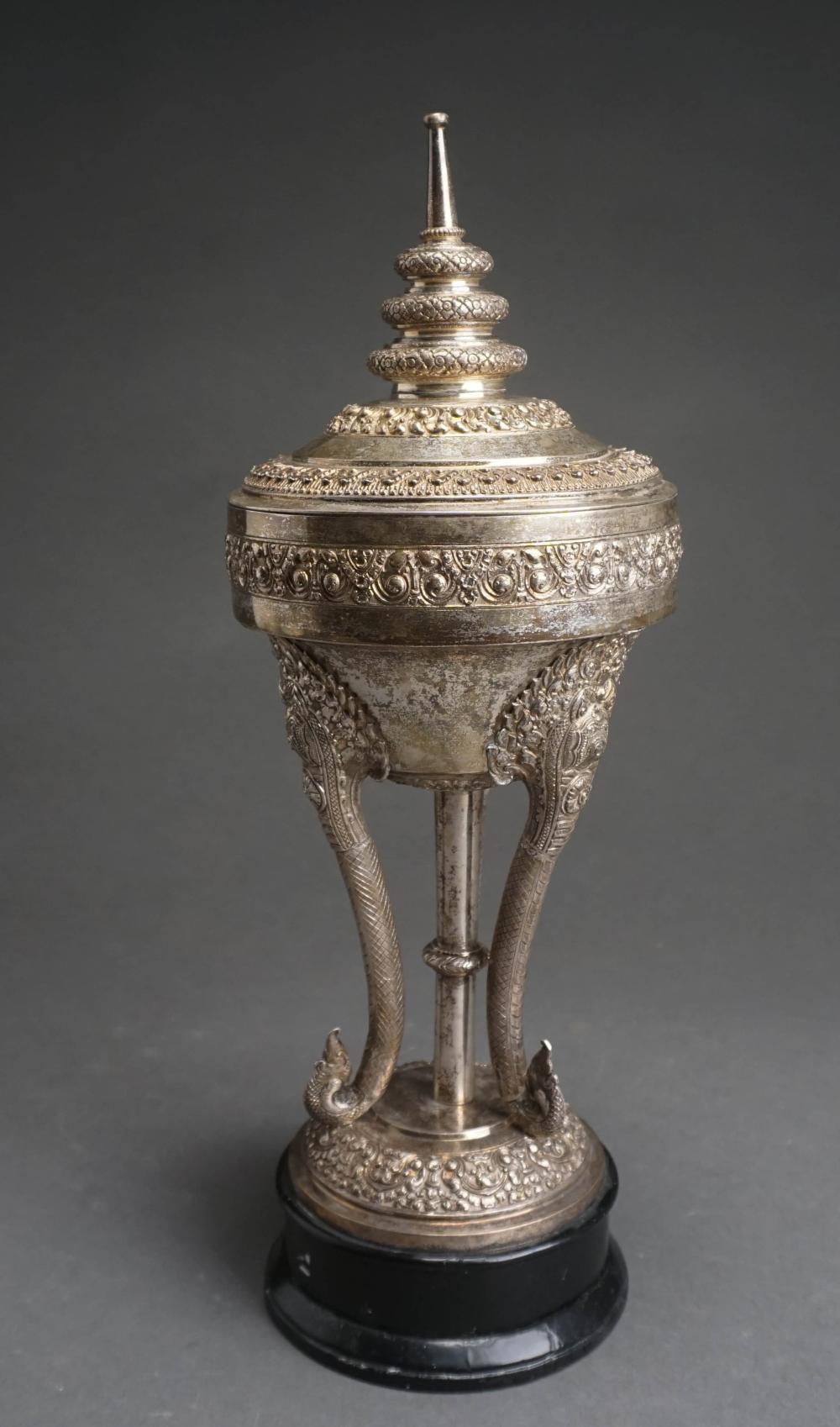 Appraisal: Boun Than Thai Cambodian -Silver Covered Urn Mounted to Ebonized