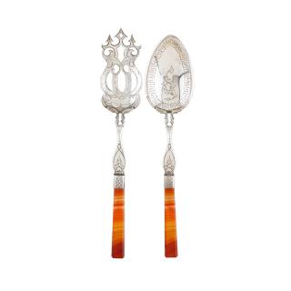 Appraisal: DUTCH SILVER SALAD SET WITH BANDED AGATE HANDLES Spade and