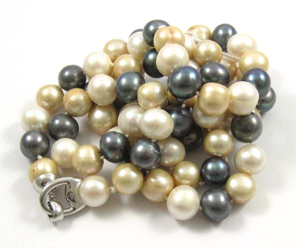 Appraisal: MULTI-COLOR PEARL NECKLACE strung with slightly off round black peach