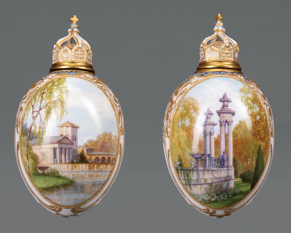 Appraisal: Pair of Continental Polychrome and Gilt Porcelain Egg-Form Vessels with