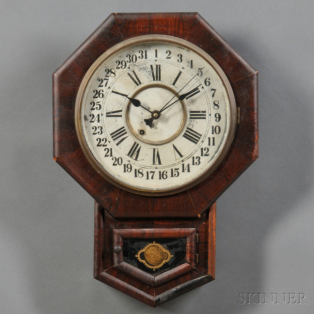 Appraisal: New Haven Drop Octagon Calendar Clock rosewood veneer case -in