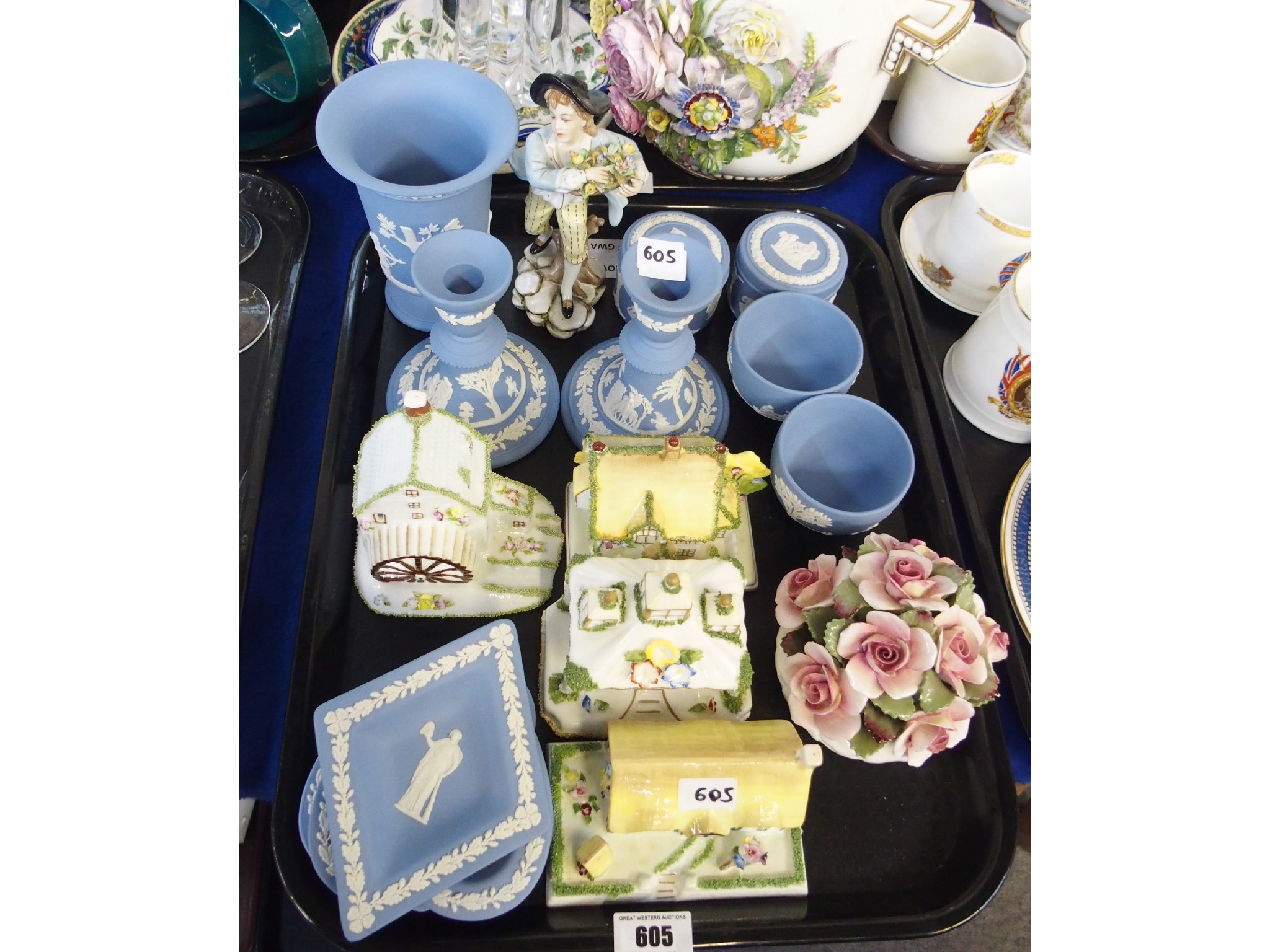 Appraisal: Tray comprising Wedgwood Jasperware table articles Coalport cottages Aynsley floral