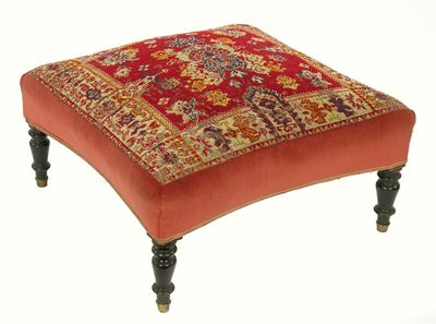 Appraisal: A Victorian concave sided square stool with a carpet panel