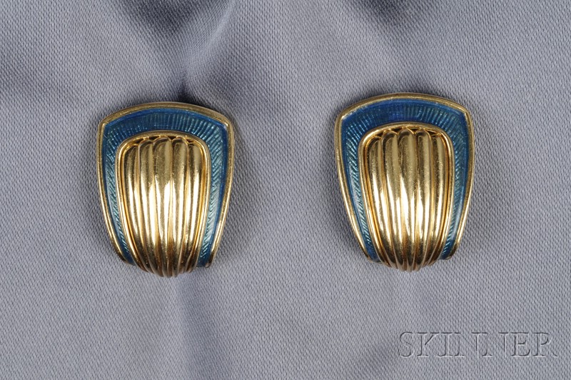 Appraisal: kt Gold and Enamel Earclips DeVroomen each ribbed form with