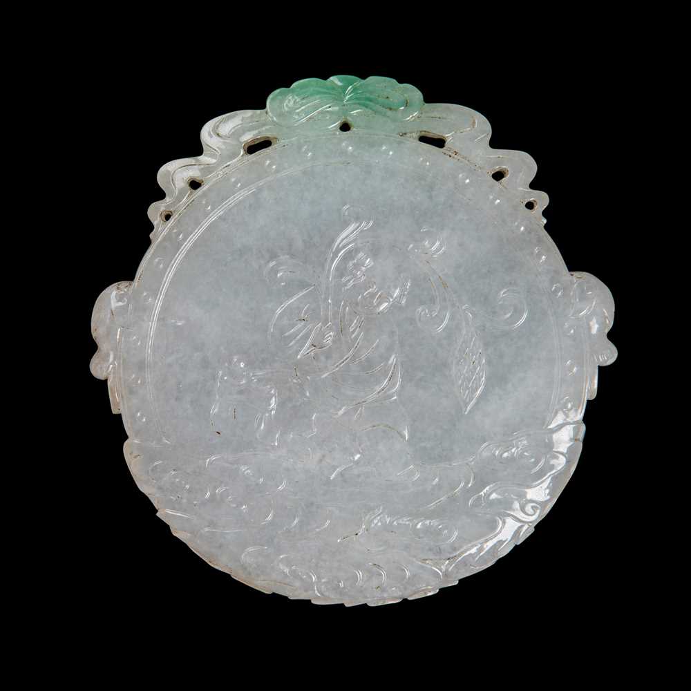 Appraisal: JADEITE 'IMMORTAL ON WAVES' CIRCULAR PLAQUE LATE QING DYNASTY-REPUBLIC PERIOD