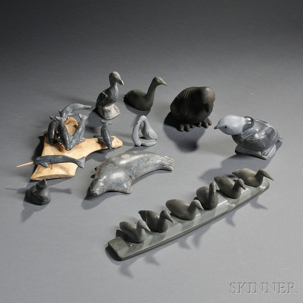 Appraisal: Nine Inuit Carvings Soapstone Includes waterfowl a narwhal group and